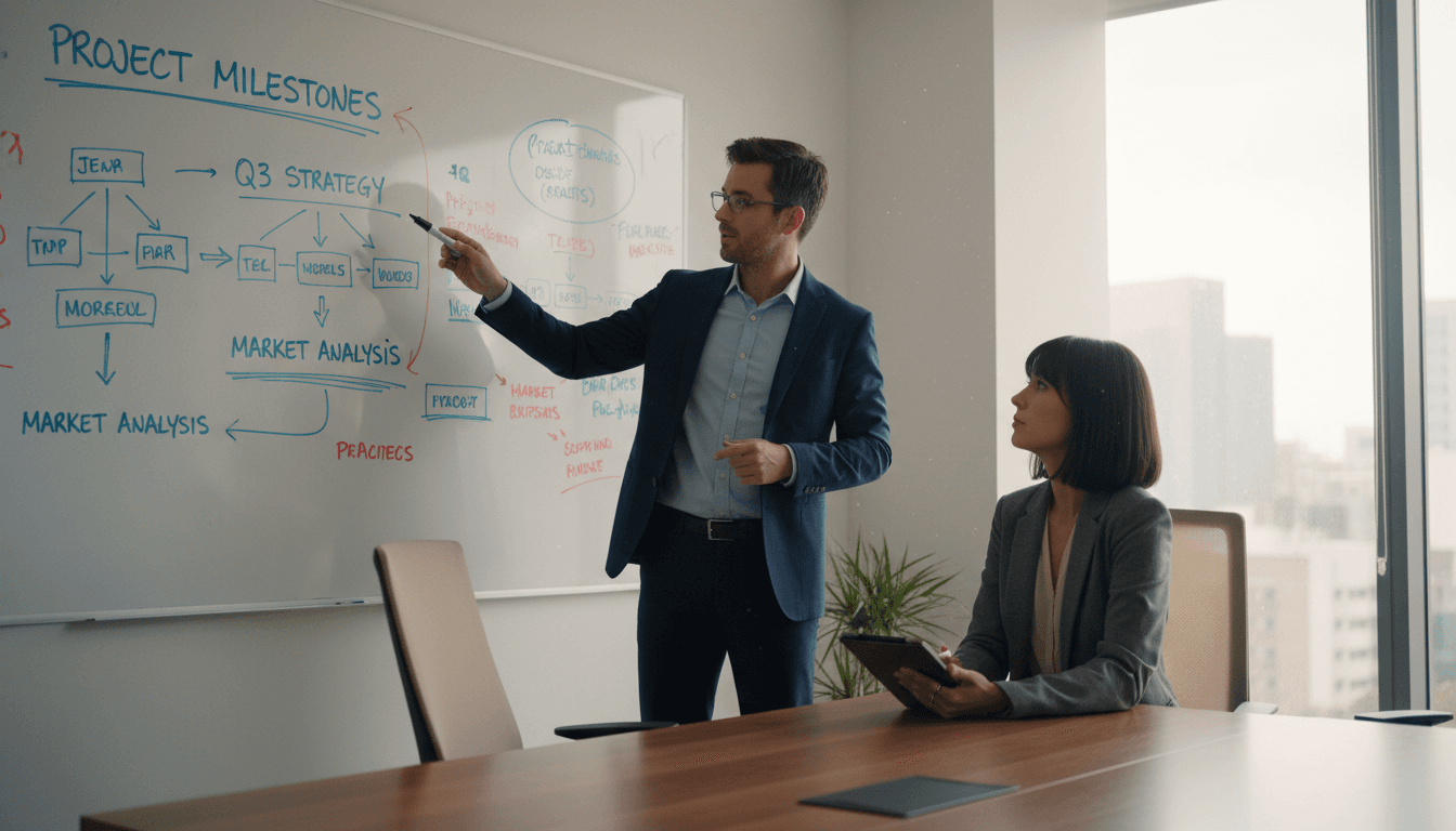 Two professionals discussing solutions in front of a whiteboard covered in notes