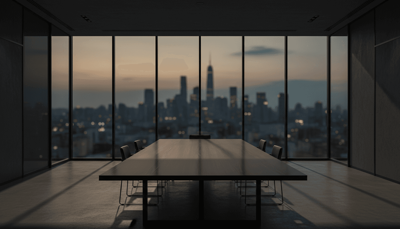 Minimalist consulting boardroom with city skyline at dusk