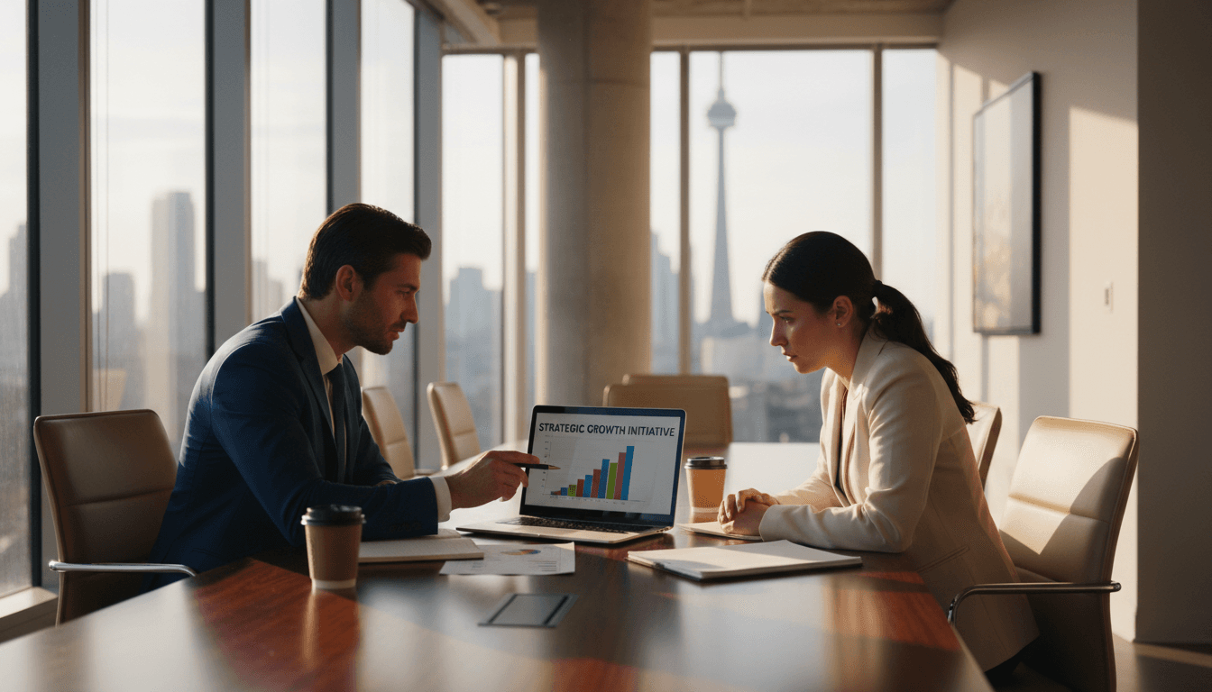 Consultant pointing at a chart on a laptop screen while a client takes notes