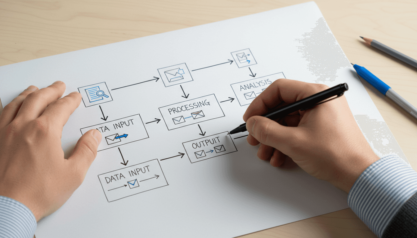 Hands sketching a process flow diagram on a whiteboard