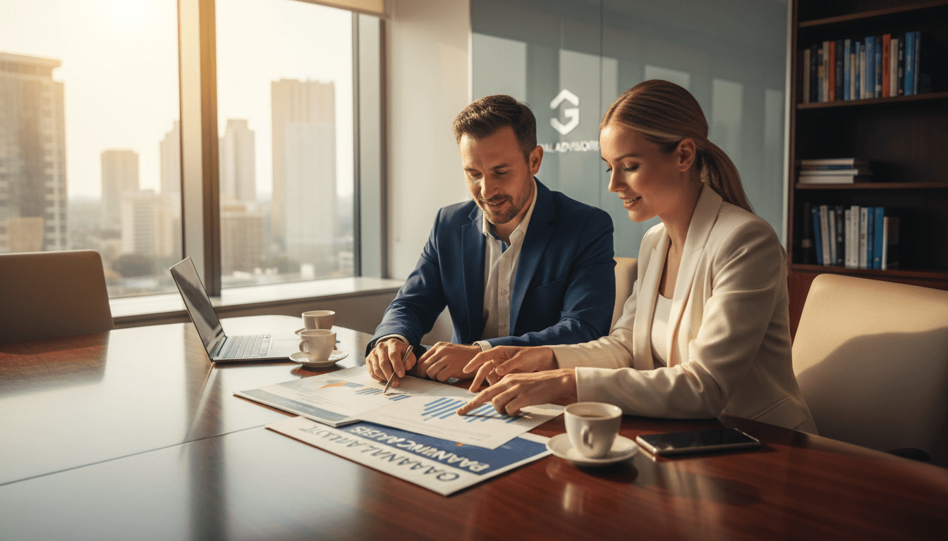 Manager and consultant reviewing a financial report together