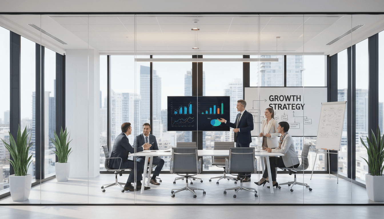 Business team in a strategy meeting in a modern Toronto office