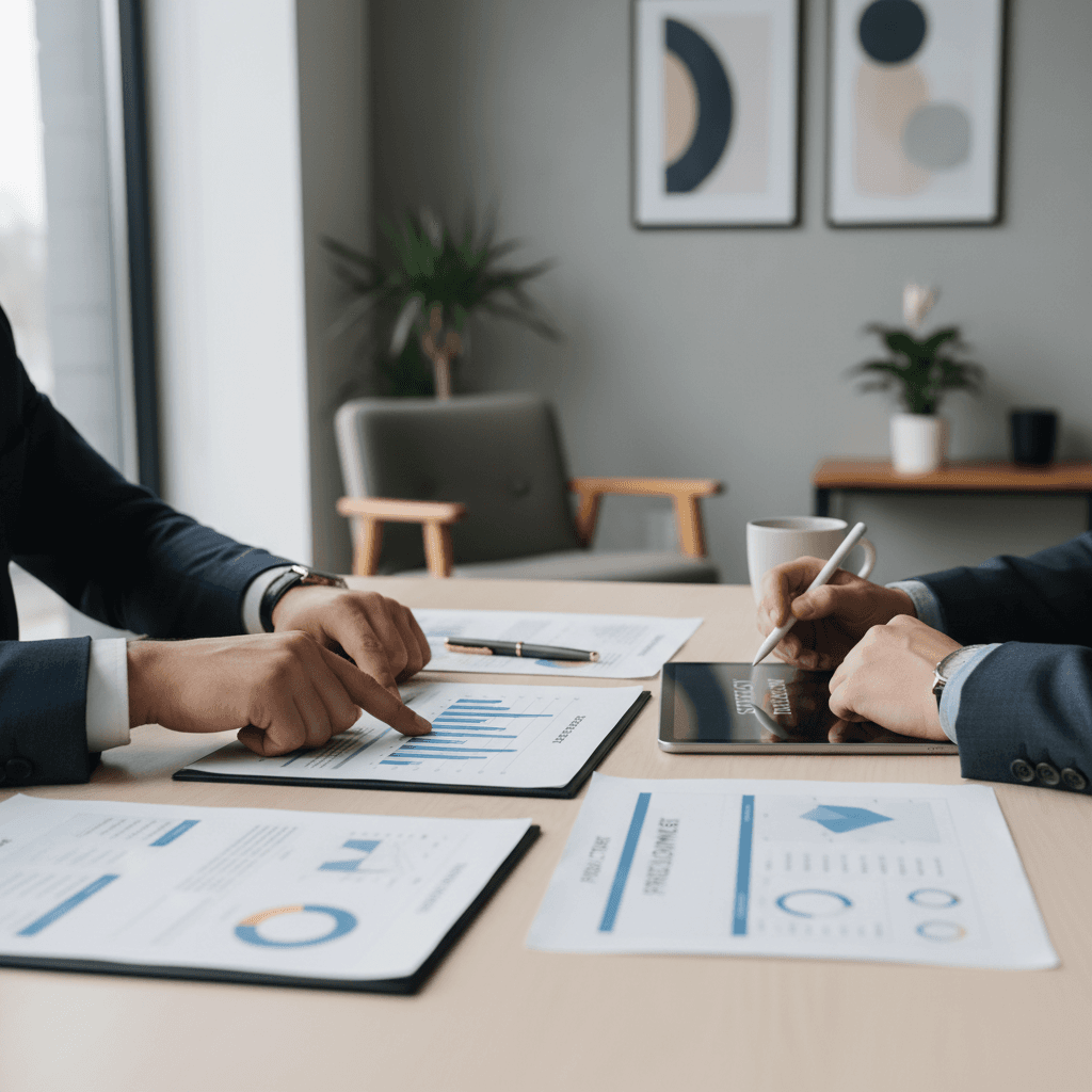 Consultant reviewing a printed report with a client in a bright boardroom