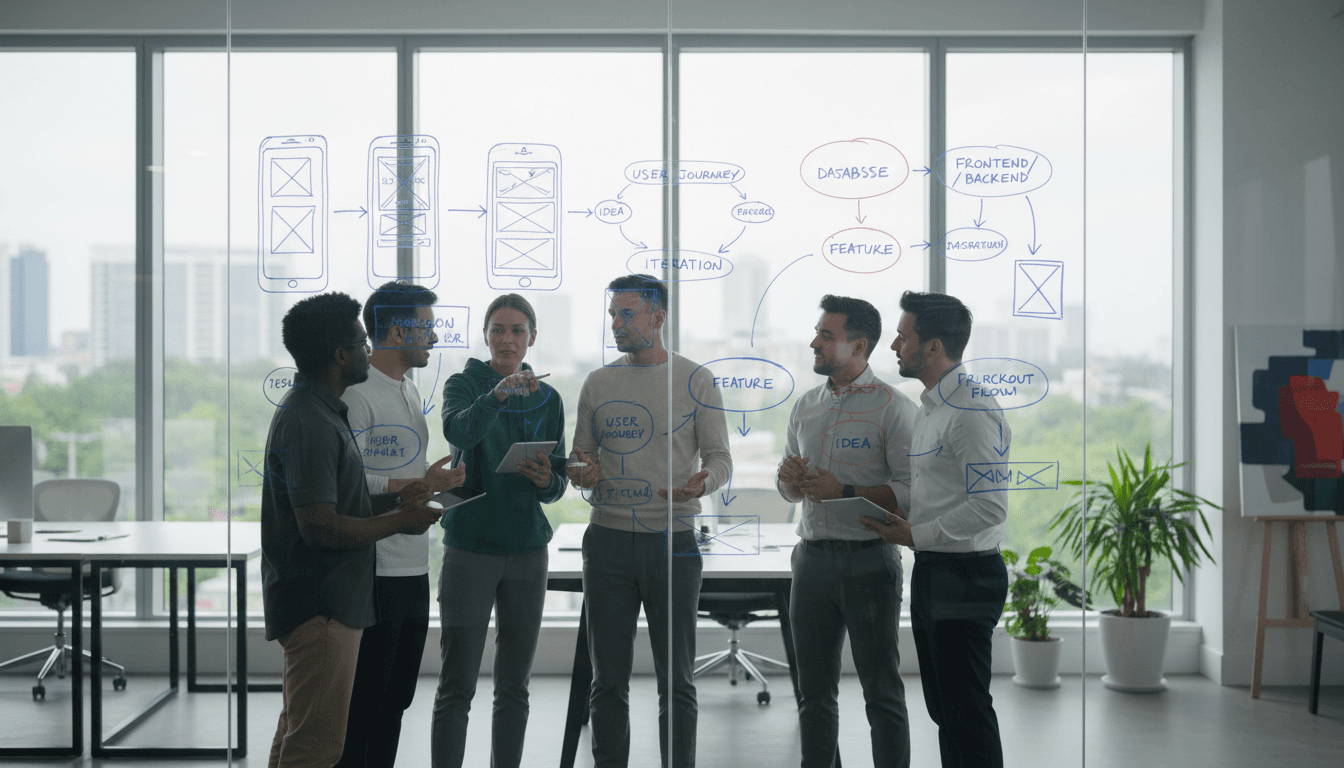 Team sketching a strategic roadmap on a whiteboard during a working session