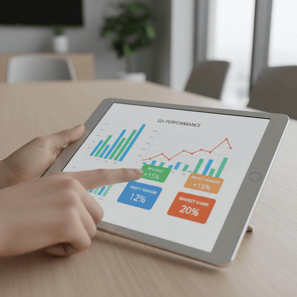 Consultant reviewing performance dashboards and graphs in a binder
