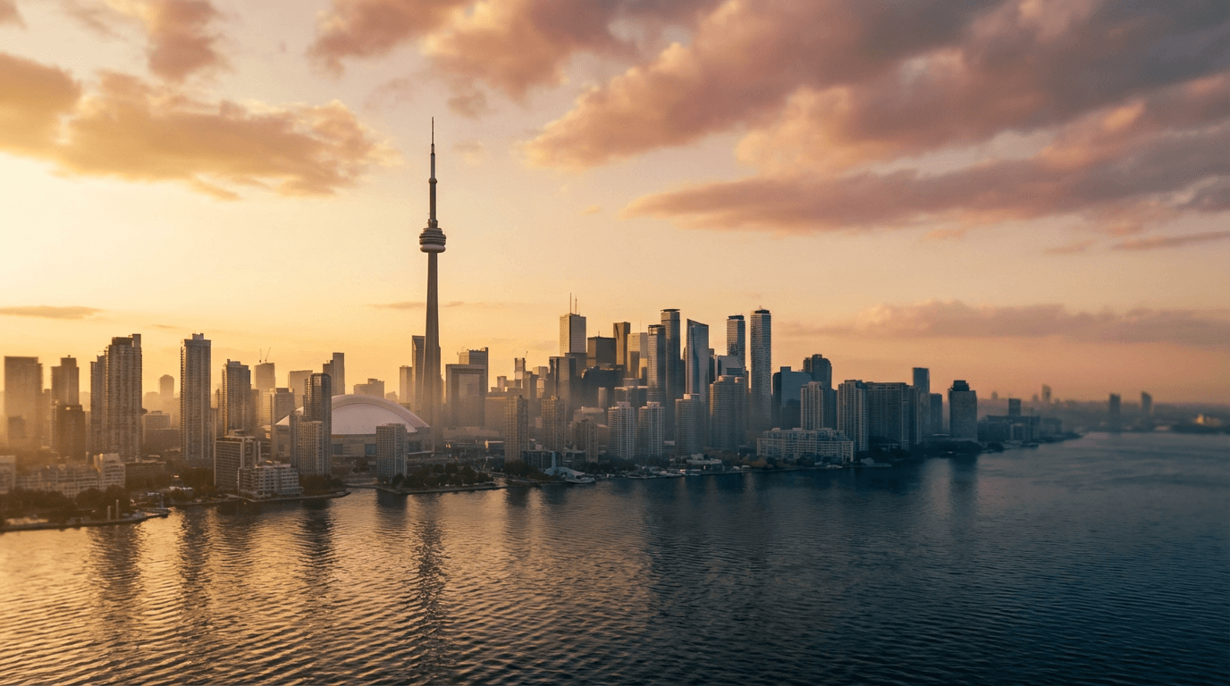 Toronto cityscape at golden hour with modern glass buildings